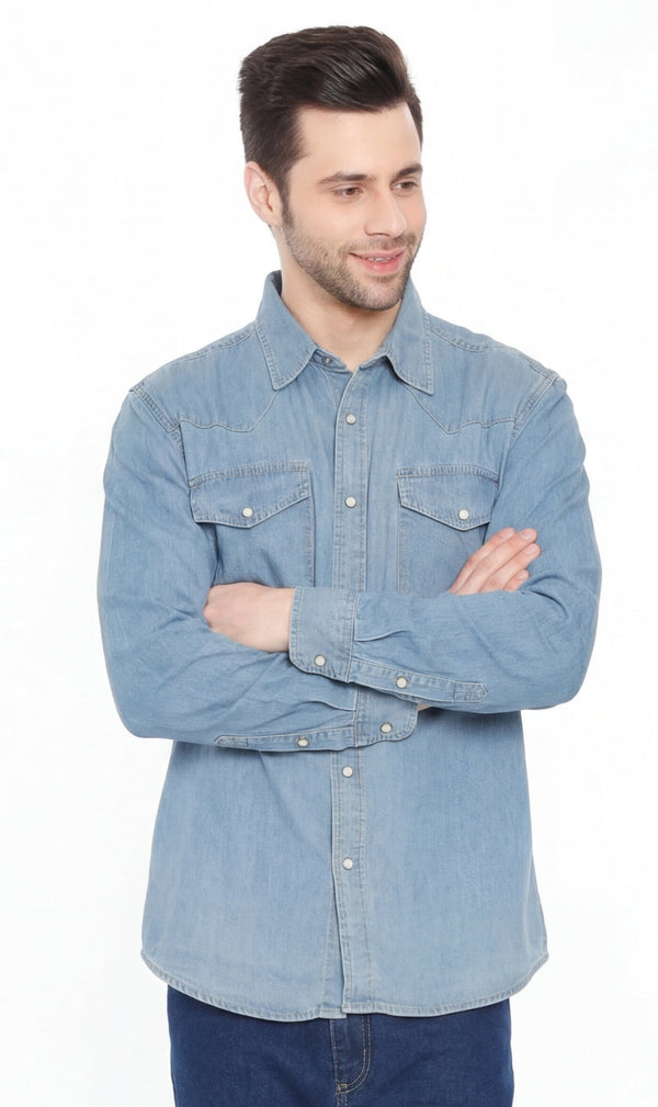 Men’s Western Snap Front Denim Twill Shirt with Chest Pockets Style
