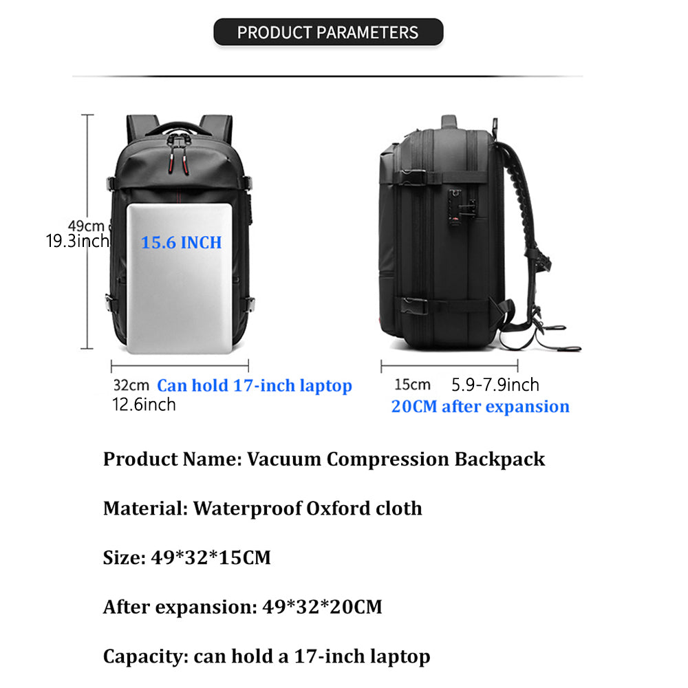 Expandable Waterproof Business Laptop Backpack with Vacuum Compression Travel Storage