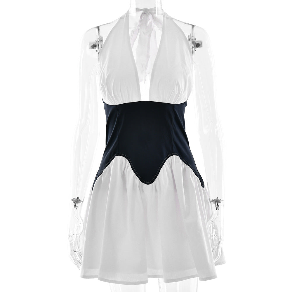 Fashion Splicing A-Line Halter Dress with Deep V-Neck Sexy Design