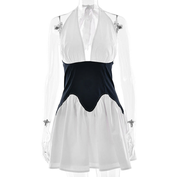 Fashion Splicing A-Line Halter Dress with Deep V-Neck Sexy Design