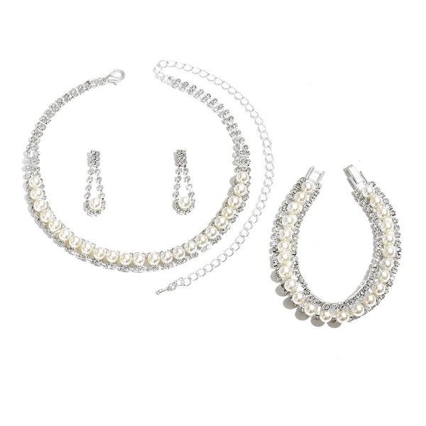 European And American Jewelry Wedding Dress Dinner Photography Accessories Pearl Rhinestone Chain Necklace Earrings Bracelet Three-Piece Set