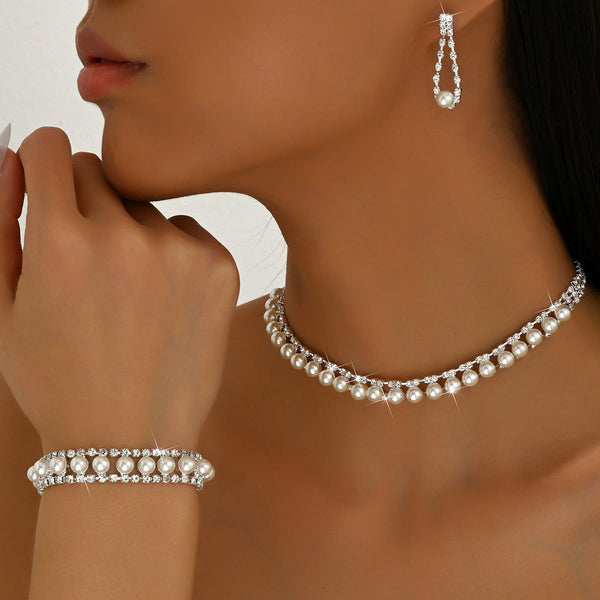 European And American Jewelry Wedding Dress Dinner Photography Accessories Pearl Rhinestone Chain Necklace Earrings Bracelet Three-Piece Set