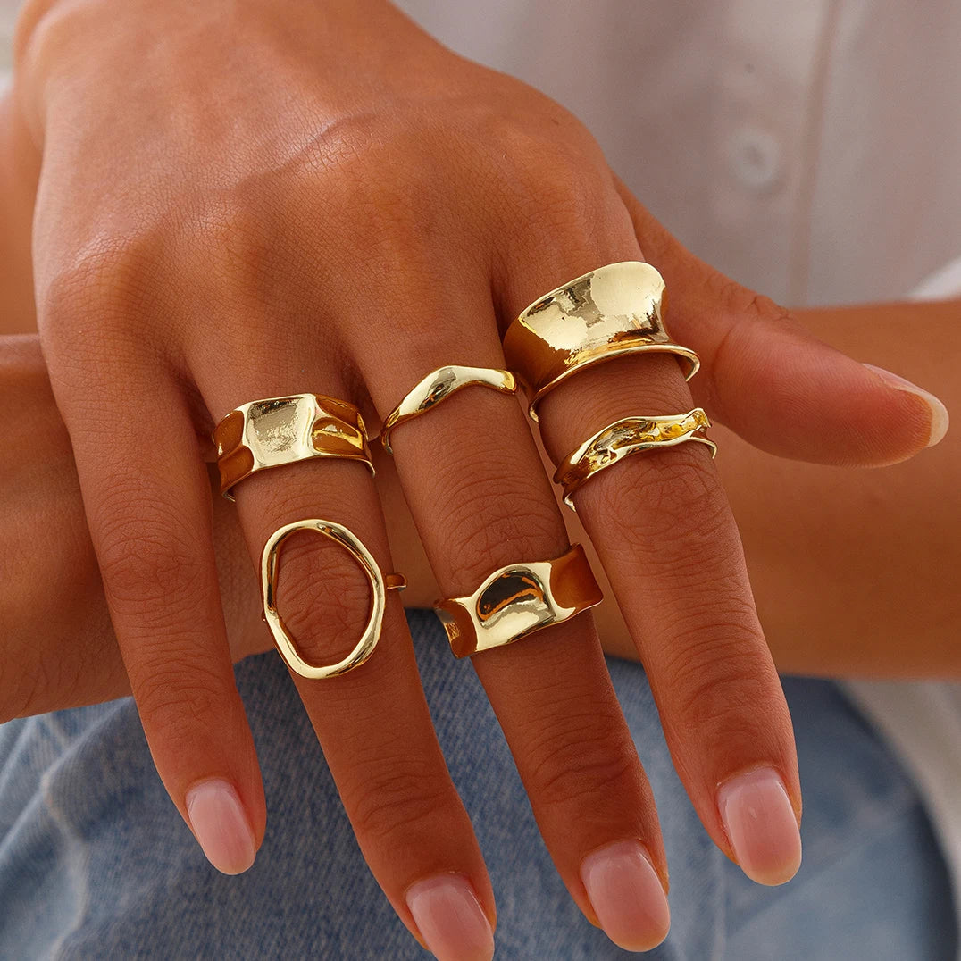 6Pcs Punk Hollow Metal Cuff Rings Vintage Adjustable Women Jewelry Set