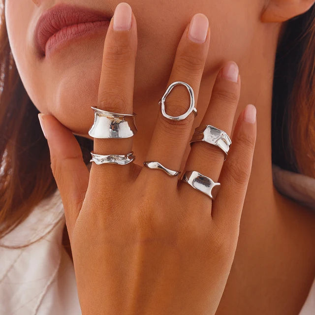 6Pcs Punk Hollow Metal Cuff Rings Vintage Adjustable Women Jewelry Set