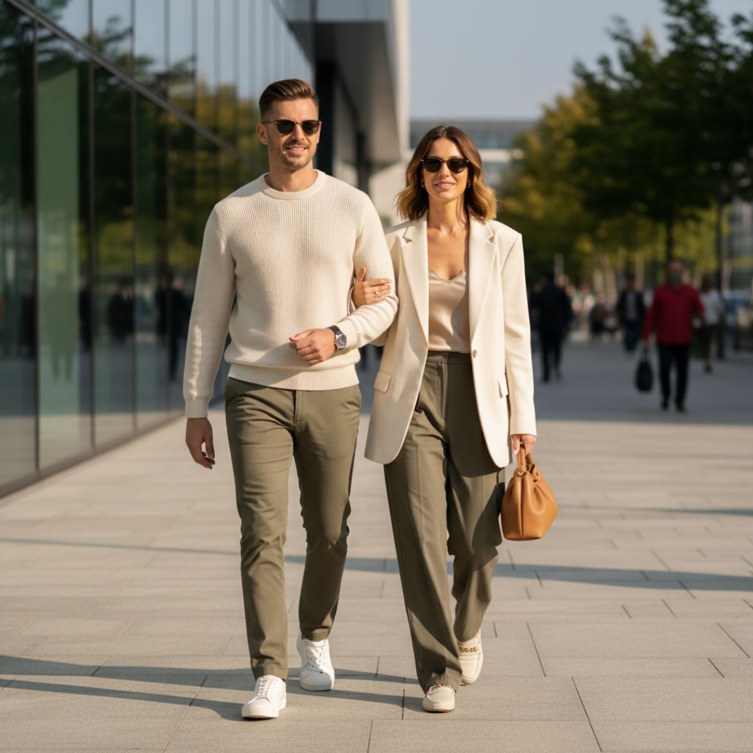 Man and woman walking together on a city street