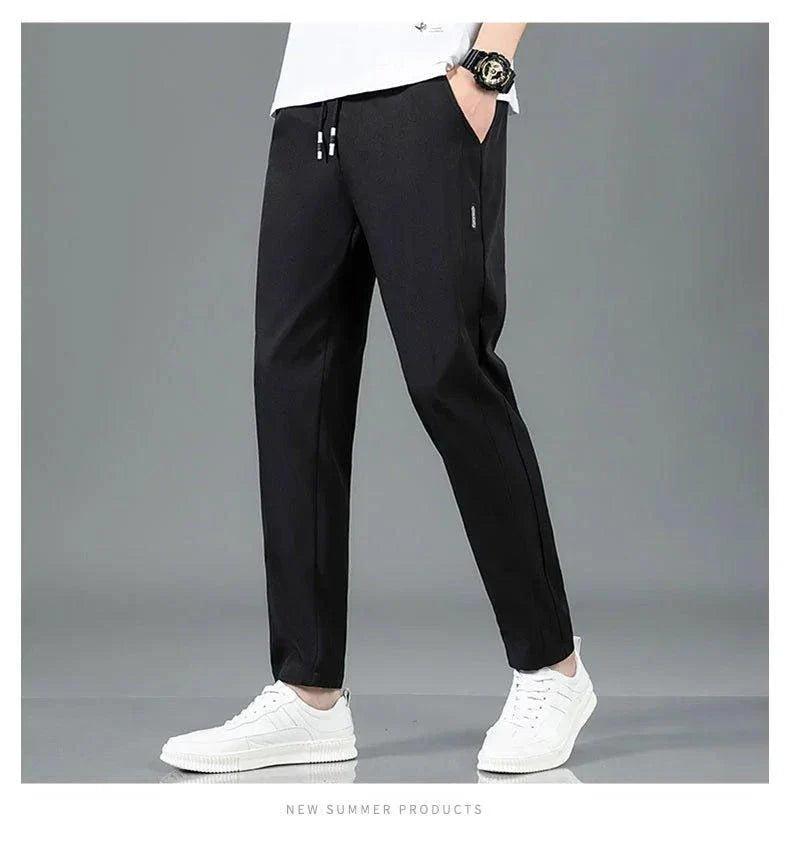 Ice Silk Men's Pants 2025 Summer New Black Gray Thin Business Casual Pants Outdoor Elastic Breathable Straight Leg Sweatpants