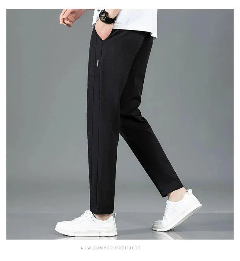Ice Silk Men's Pants 2025 Summer New Black Gray Thin Business Casual Pants Outdoor Elastic Breathable Straight Leg Sweatpants