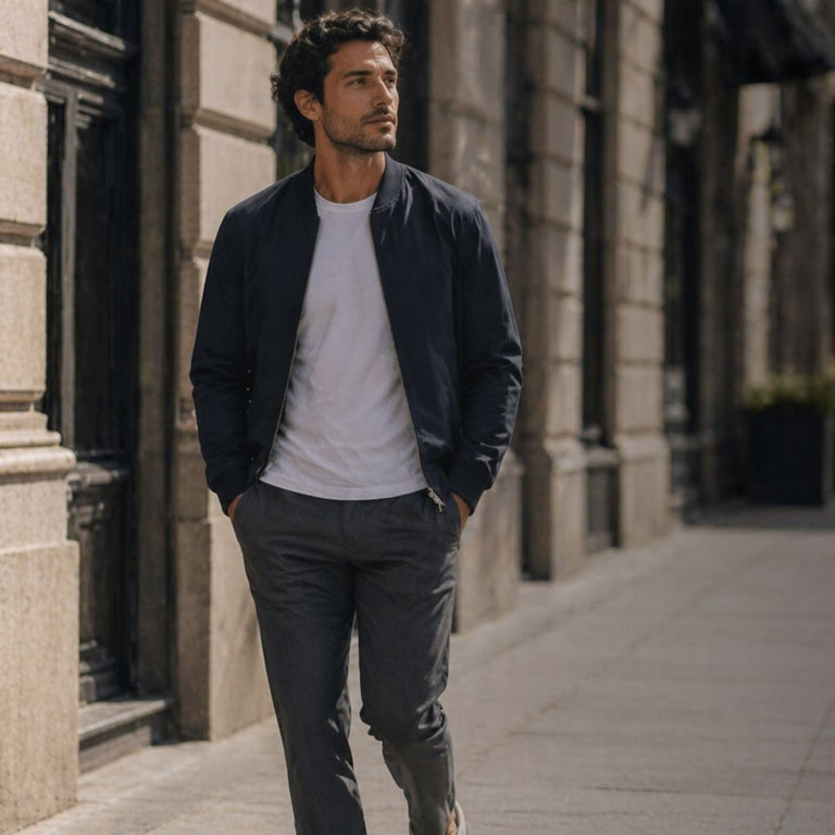 Man standing on a city street wearing a navy jacket and white shirt.
