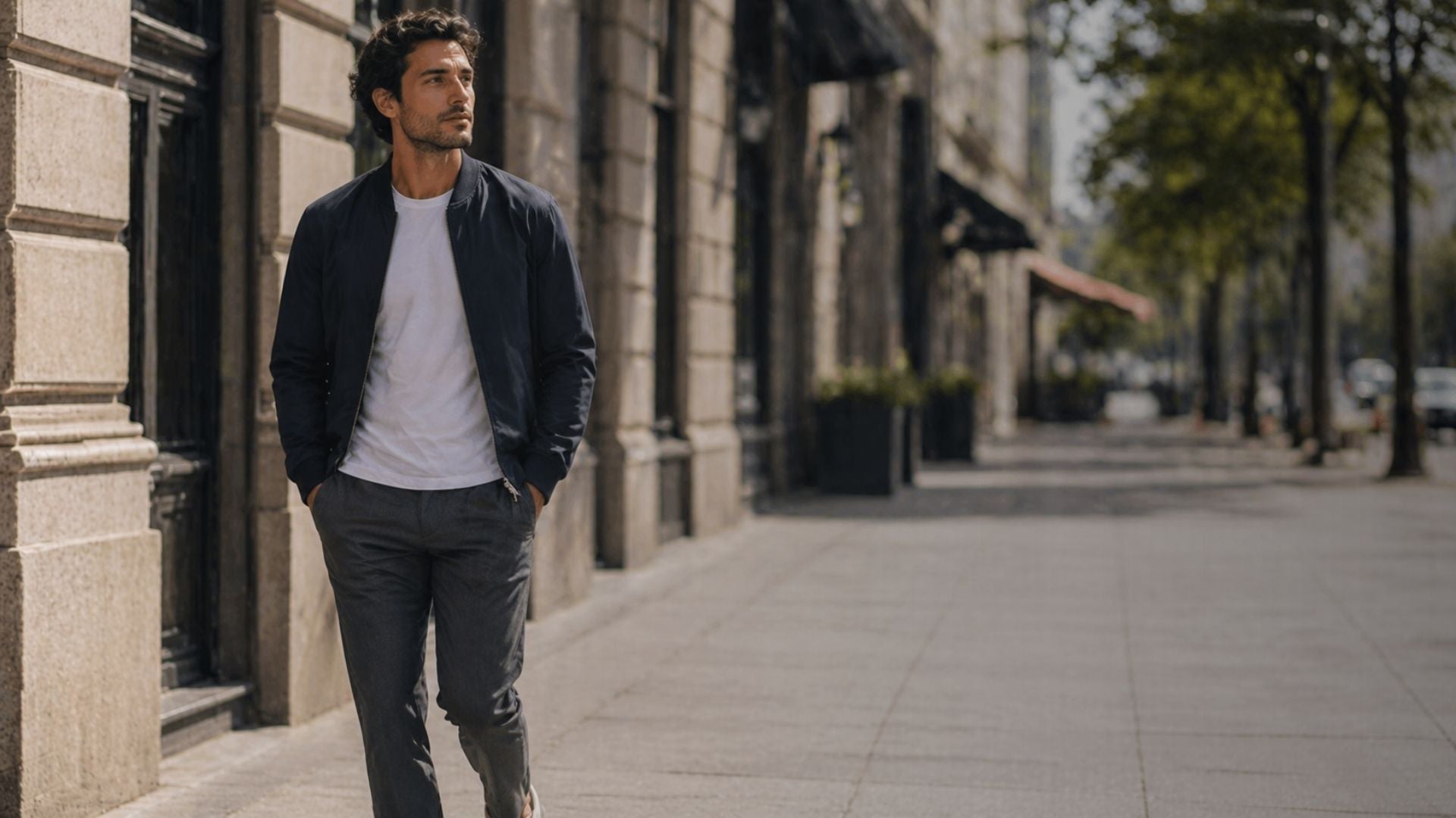 Man standing on a city street wearing a navy jacket and white shirt.