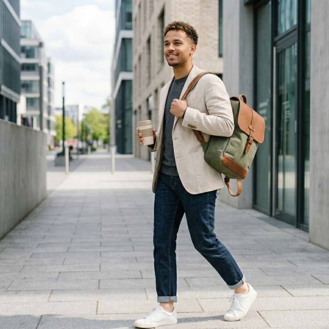 Man walking outdoors holding a coffee cup with a green backpack.