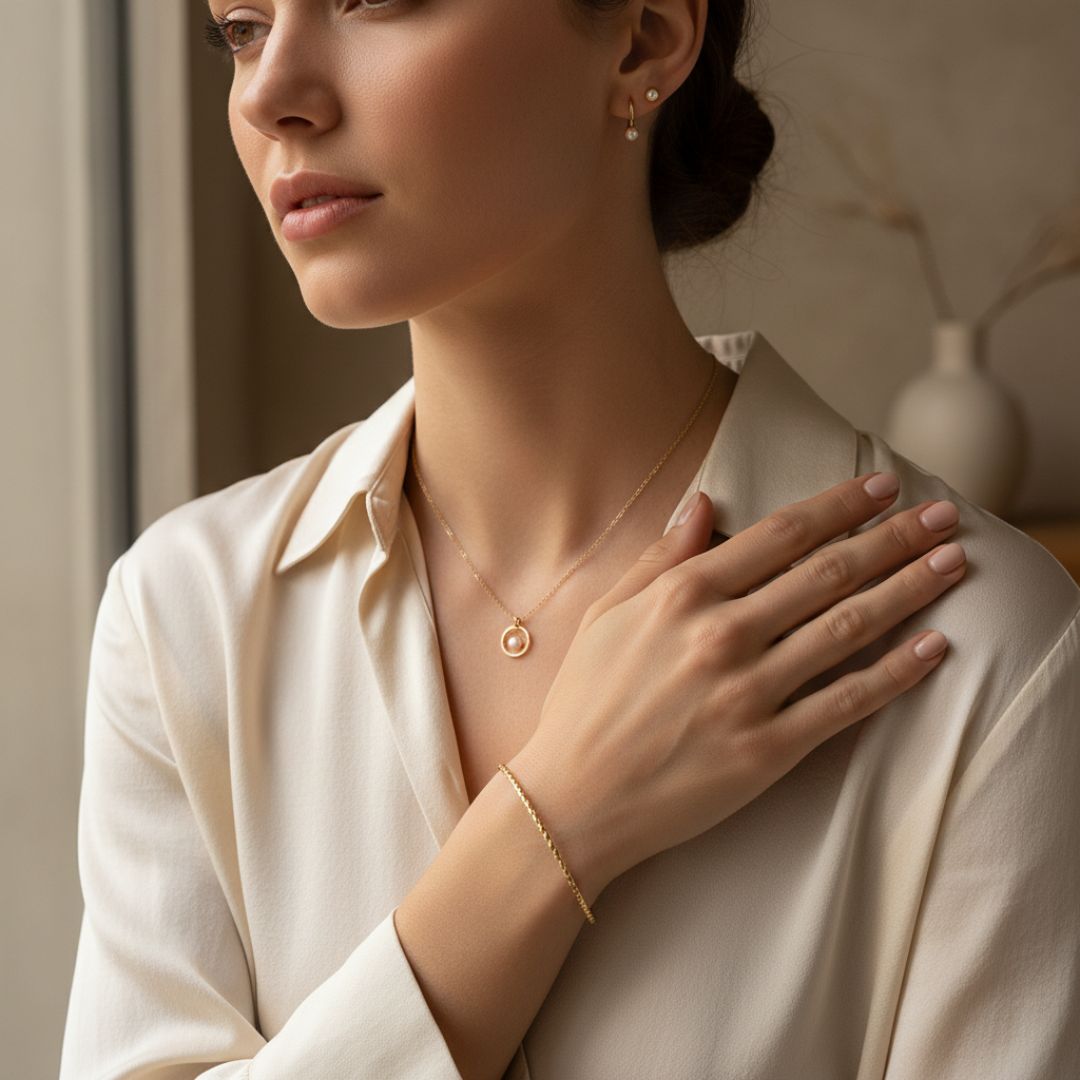 Woman wearing gold jewelry including a necklace, bracelet, and earrings indoors.
