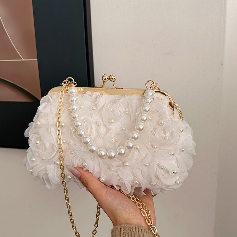 Net Lace Pleated Pearl Chain Crossbody Clutch Evening Handbag Korean Style