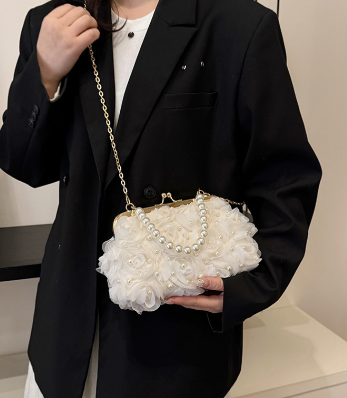 Net Lace Pleated Pearl Chain Crossbody Clutch Evening Handbag Korean Style