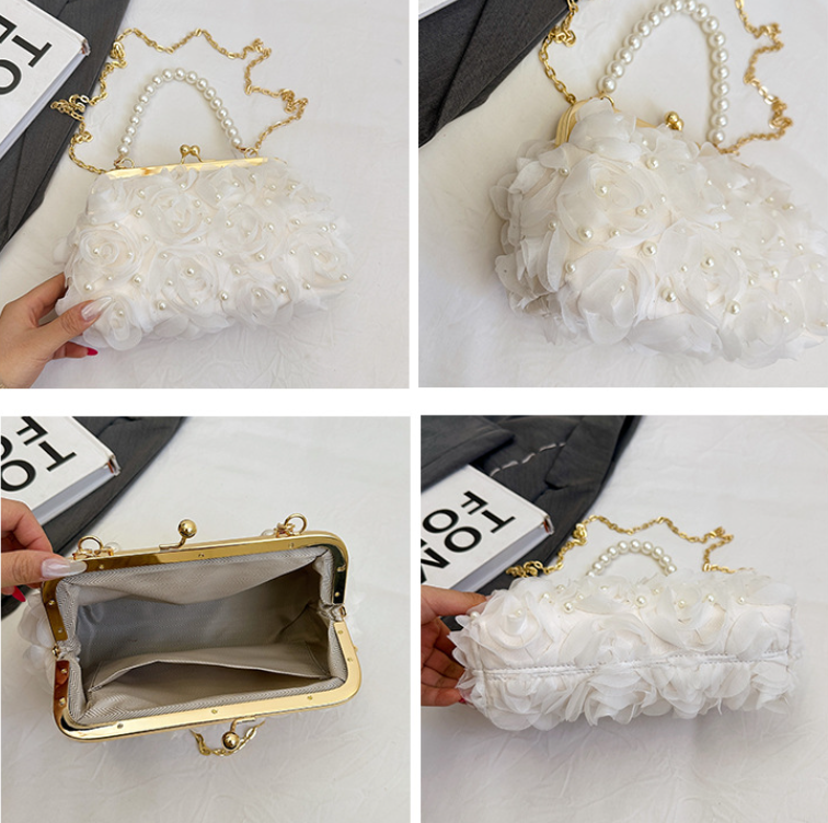 Net Lace Pleated Pearl Chain Crossbody Clutch Evening Handbag Korean Style