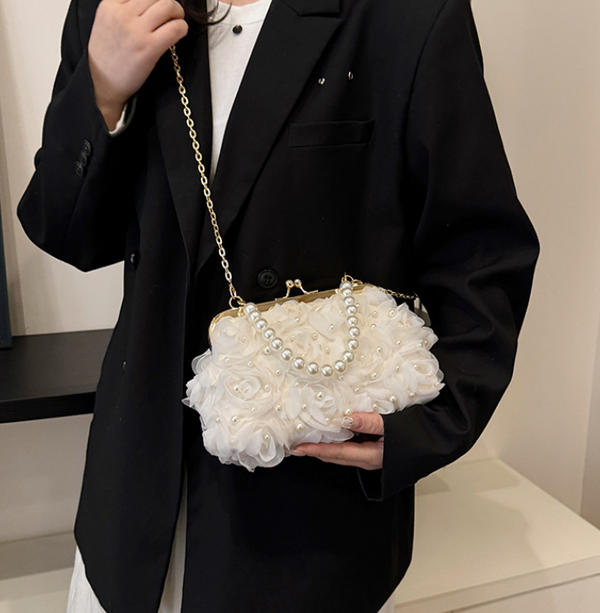 Net Lace Pleated Pearl Chain Crossbody Clutch Evening Handbag Korean Style