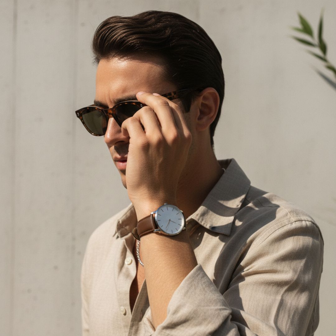 Man wearing sunglasses and a watch, standing against a plain background