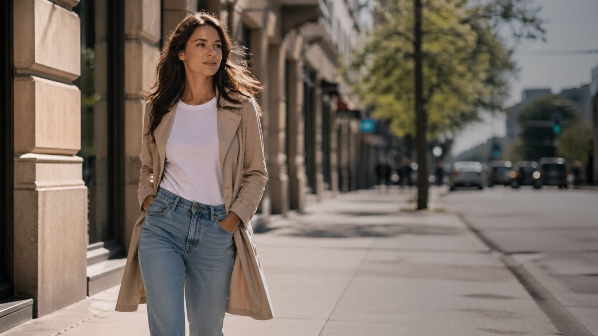 Woman walking on a city street wearing a beige coat and blue jeans.