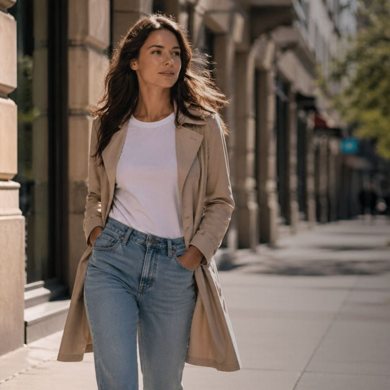 Woman walking on a city street wearing a beige coat and blue jeans.